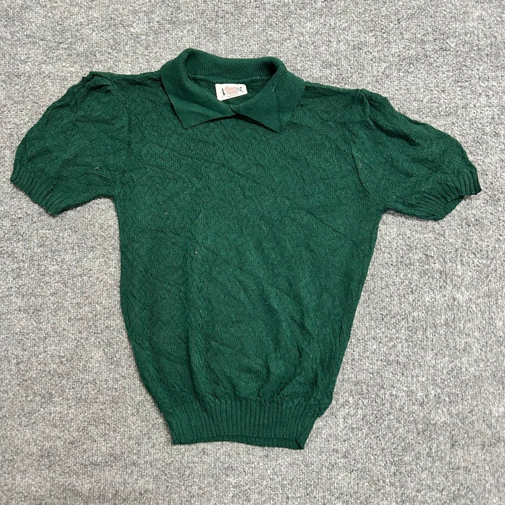 Country Junior Sweater Womens Size M Green Short Sleeve Knit Pointelle Vintage